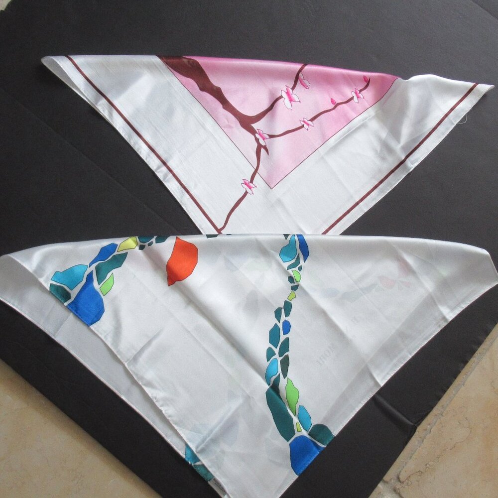 New Hanae Mori Square Scarves Lot of 2 Japanese Vibe Satin Fabric, 21" x 22"